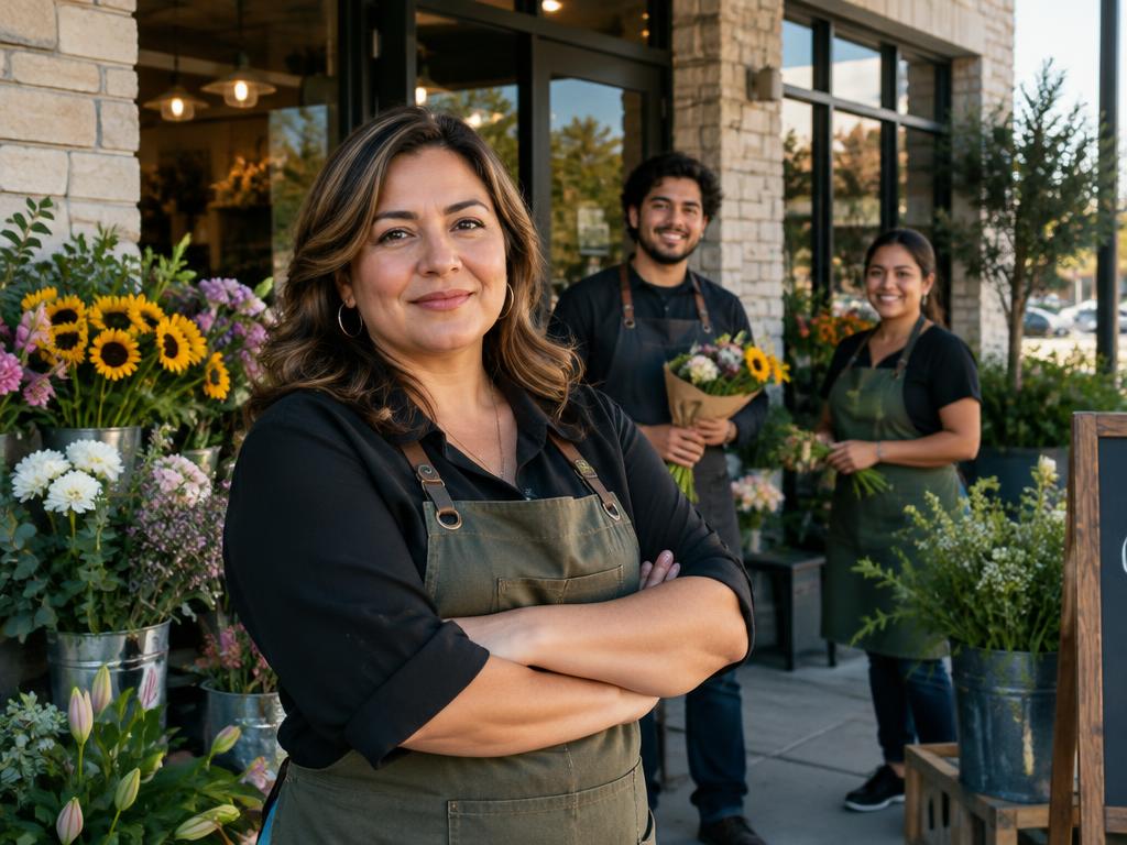 An illustrative Houston business owner standing with her flower shop team