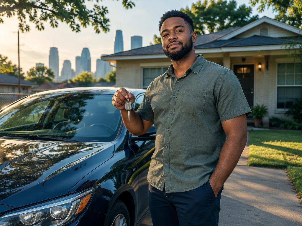 An illustrative portrait of a Houston resident holding the keys to his vehicle